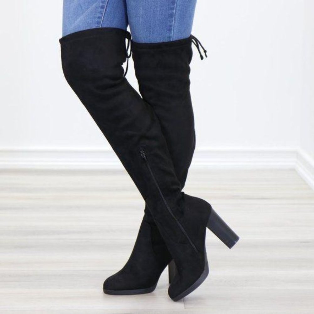 Tie Back Over Knee Heeled Sleek Boots Suede Black - Picture 9 of 15